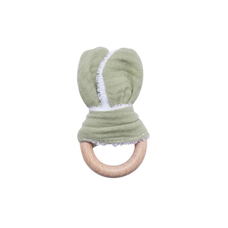 100% Cotton Baby Bunny Ear Teether Rabbit Beech Wooden Rattle Teether Safe Organic Wooden Ring Nursing Training Teethers Toy