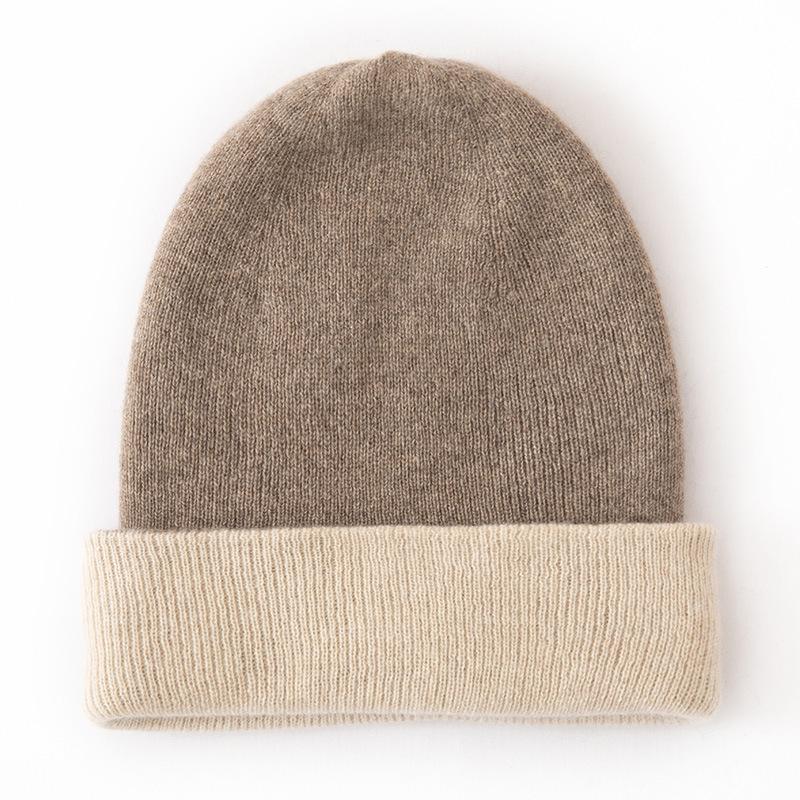 Women s 100% Pure Cashmere Color Block Ribbed Hat - Double Layer & Ear Protection One Size