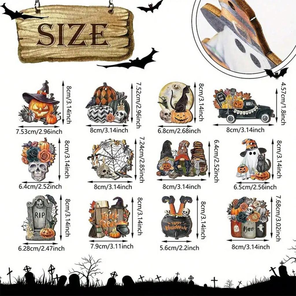 12Pcs Halloween Wooden Pendant Decorations Pumpkin Ghost Hanging Ornament Tags For Halloween Party Tree Decoration Diy Crafts