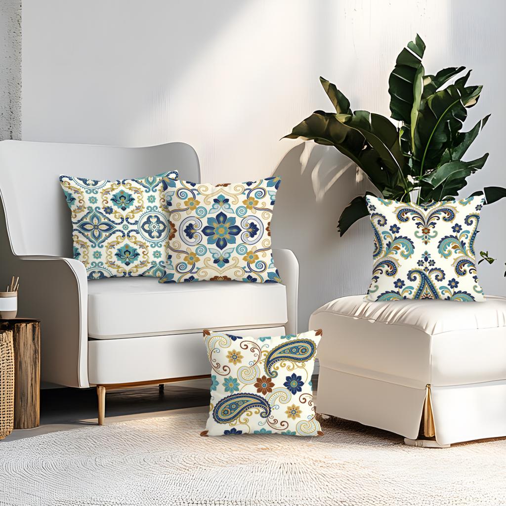 4 Pcs Bohemian Flowers Single-Sided Printed Pillowcase Cushion Cover,Suitable For Living Room,Bedroom,Car Decoration