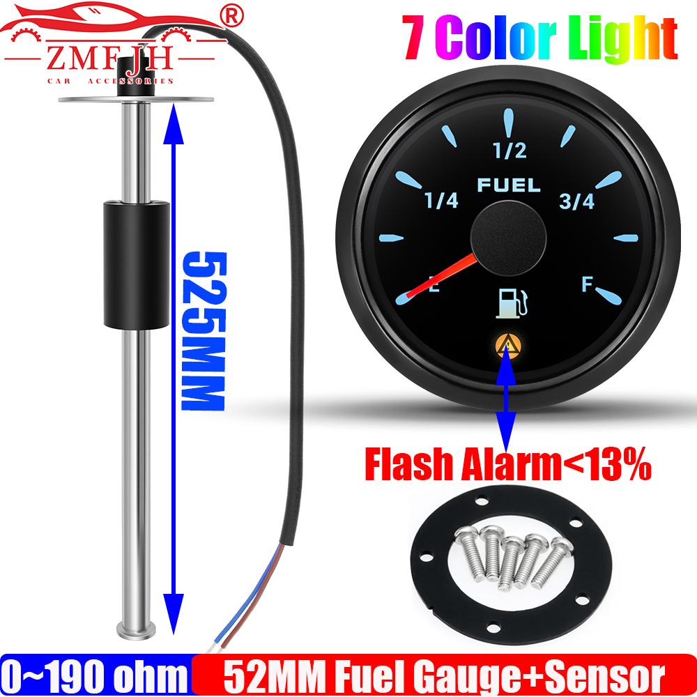 ZMFJH Pointer 2" 52MM Fuel Level Gauge with Warning 7 Color Light Auto Car Boat 0-190 Ohm Fuel Level Sensor 100-550MM Optional