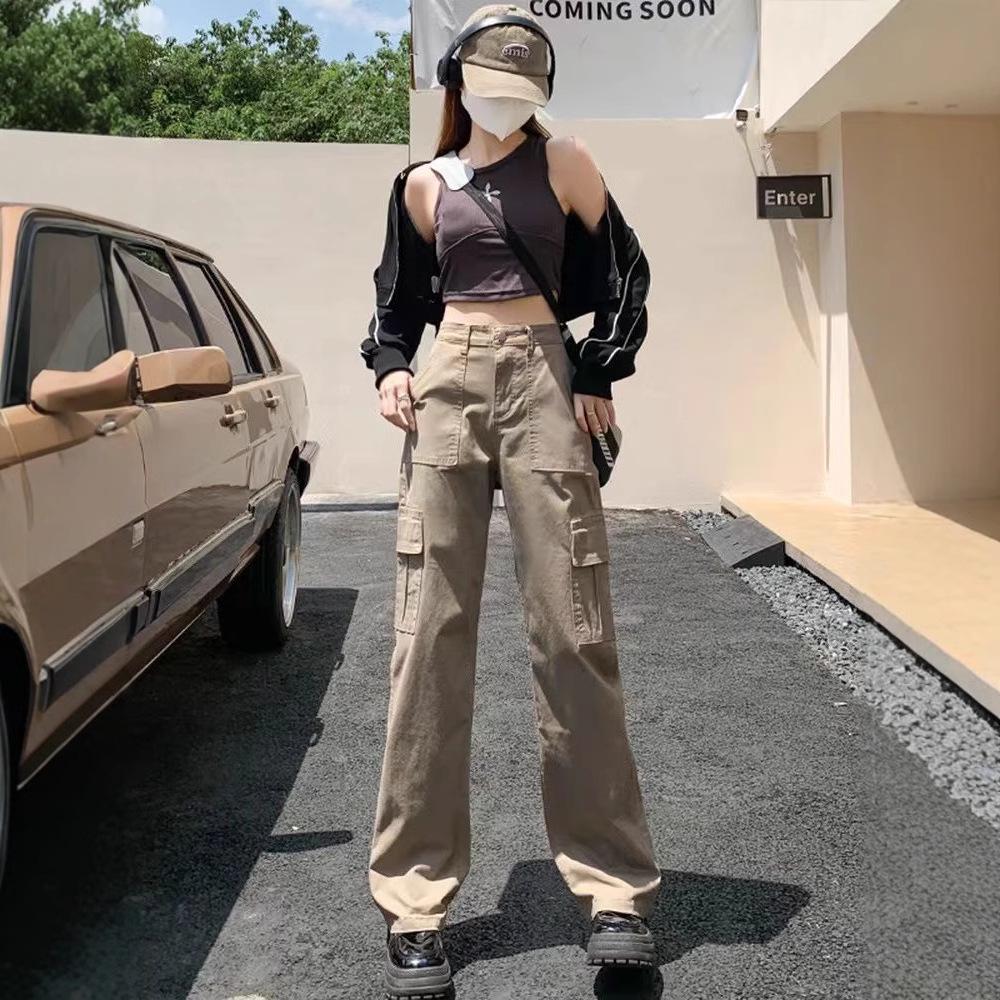 Khaki High-Waisted Slim Cargo Pants - Women's Spring/Summer Retro Straight-Leg Jeans