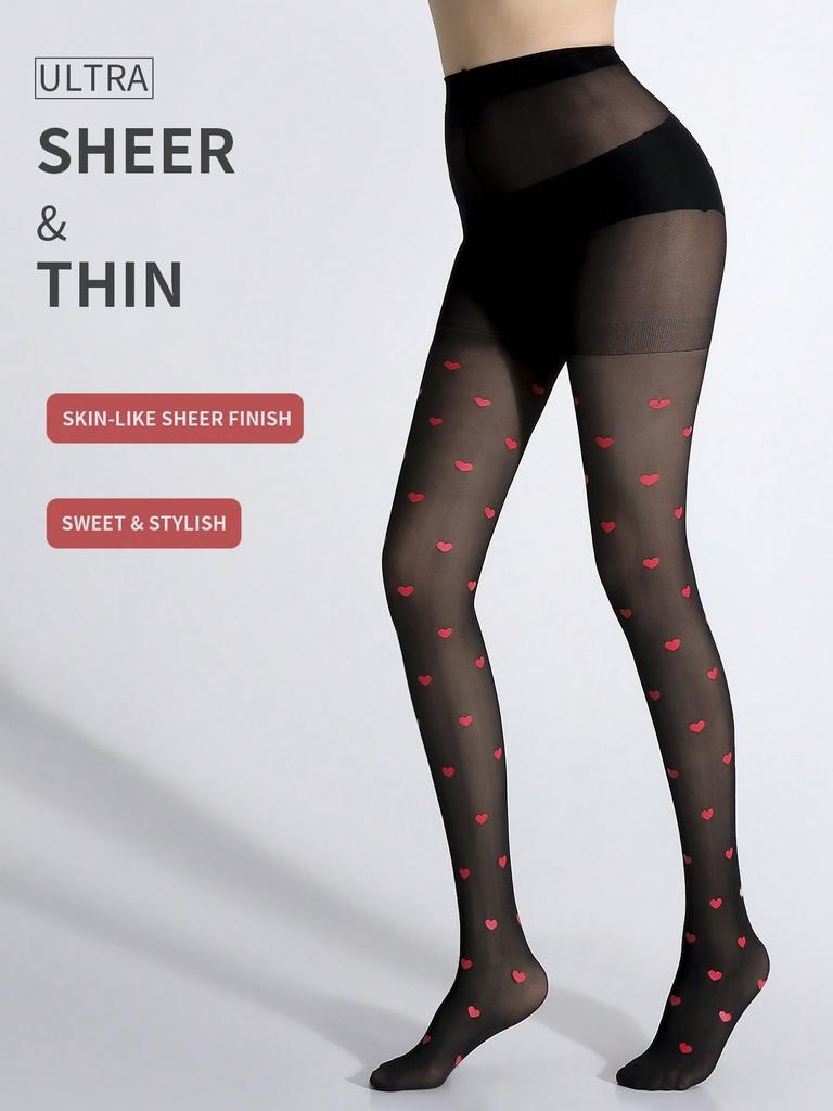 1 Pair Women Black Sweet Heart Pattern Lightweight Sheer Sexy Pantyhose Summer