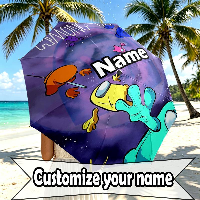Custom Name Personalized Among Us Print Umbrella, Auto Open Close, 8‑Rib Sturdy Frame, Commute Camping Hiking Use, Birthday Gift