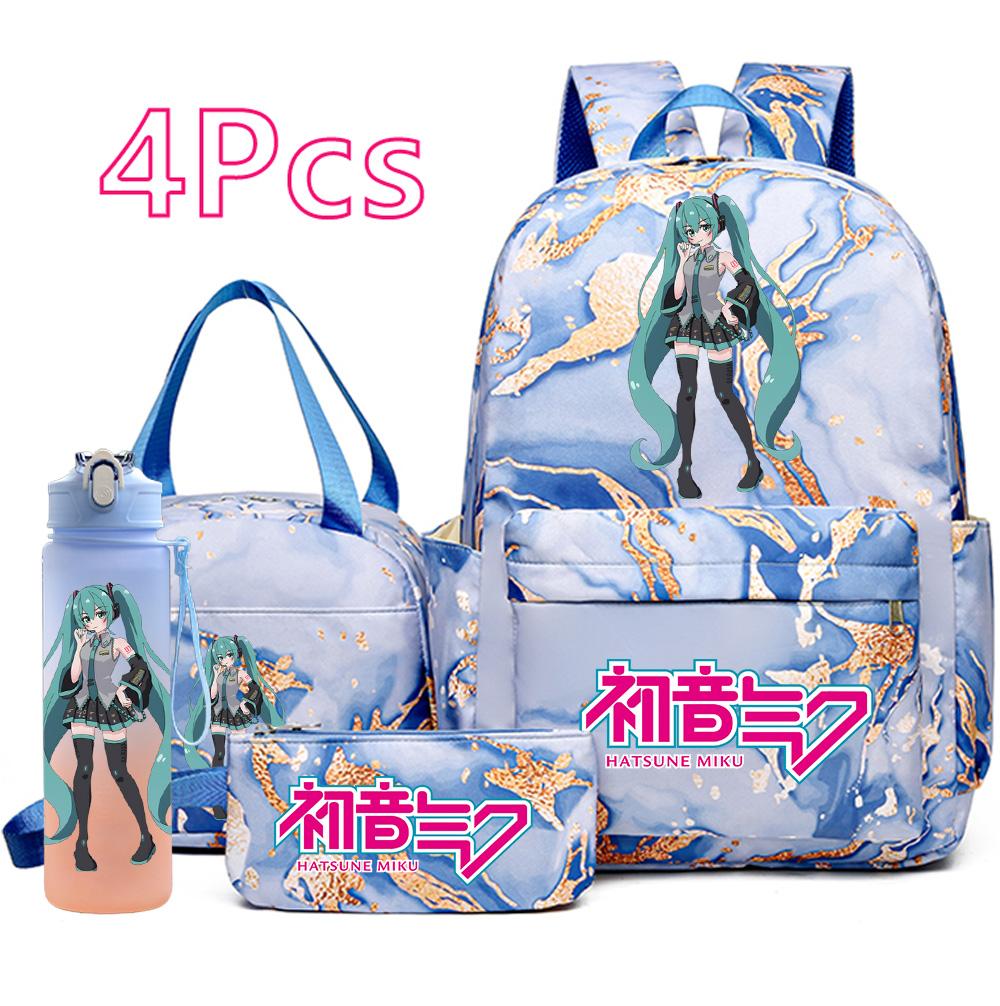 4 Stück/Set Hatsune Miku Aufdruck Rucksack Handtasche Federmäppchen 750ml Wasserflasche für Teenager Junge Mädchen Große Kapazität Wasserdicht Schultasche Schülergeschenk