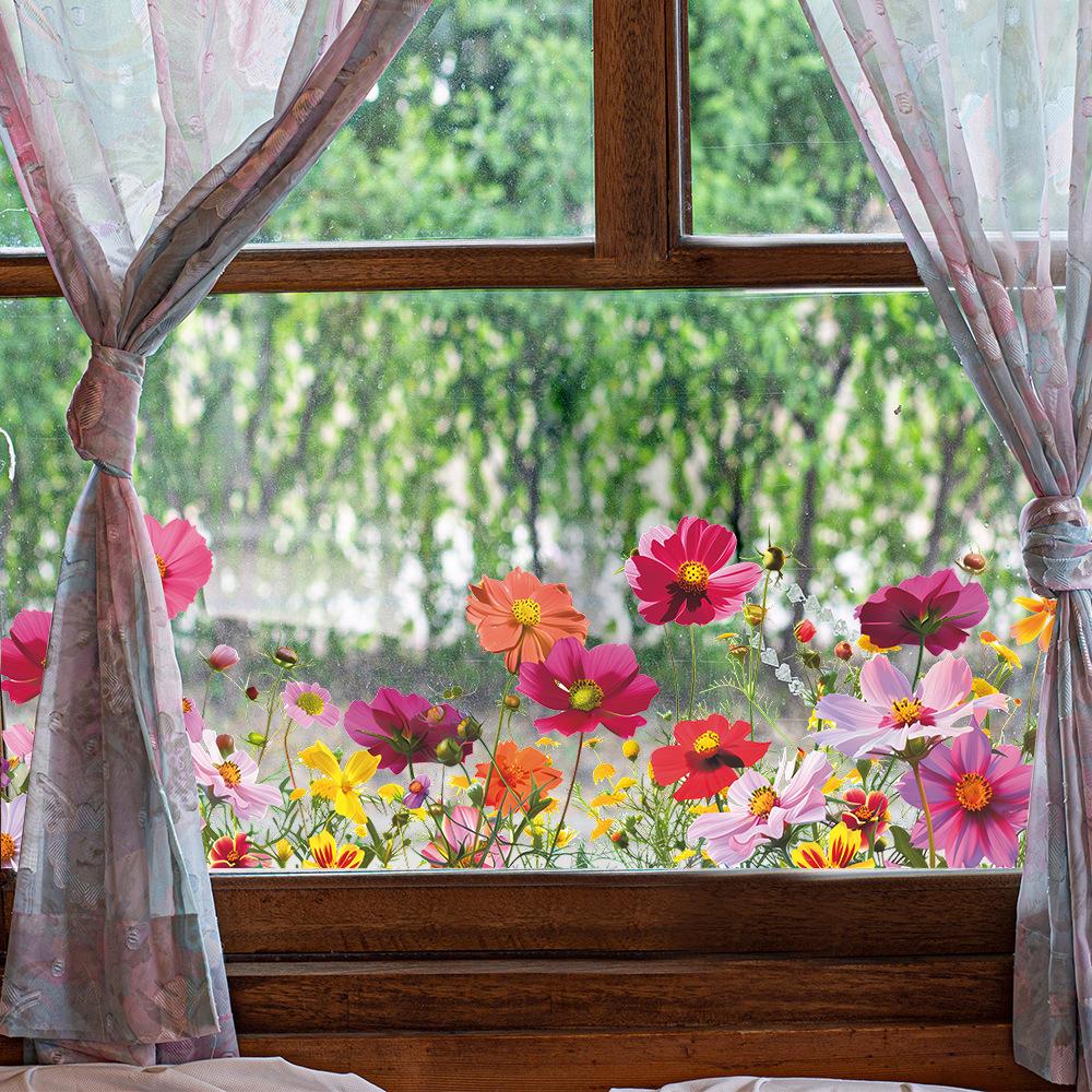 Creative Colorful Flower Balcony Glass Window Home Background Beautification Wall Stickers