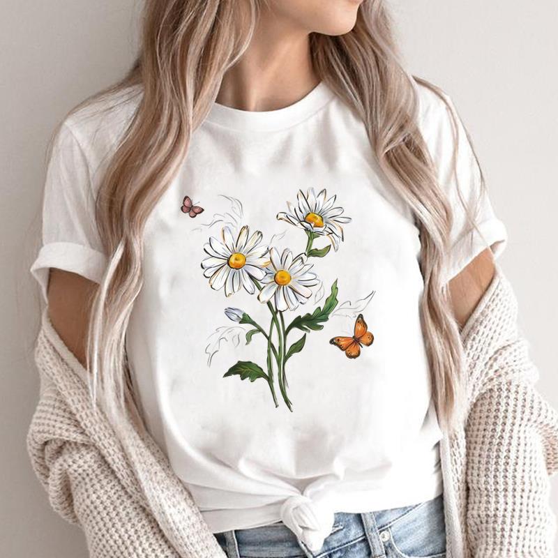 (Asian Size) O-neck Short Sleeve T-shirts Print Casual Top T trend flower style Graphic Tee Fashion Female Women's Clothing