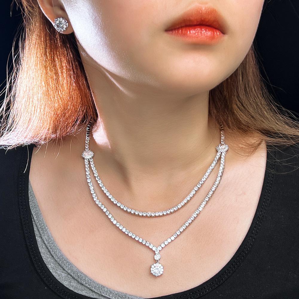 CMM Chic Dangle Drop Runde Zirkon 2 Schichten Mehrere Halskette Frauen Hochzeit Bankett Schmuck Sets Braut Kostüm Zubehör