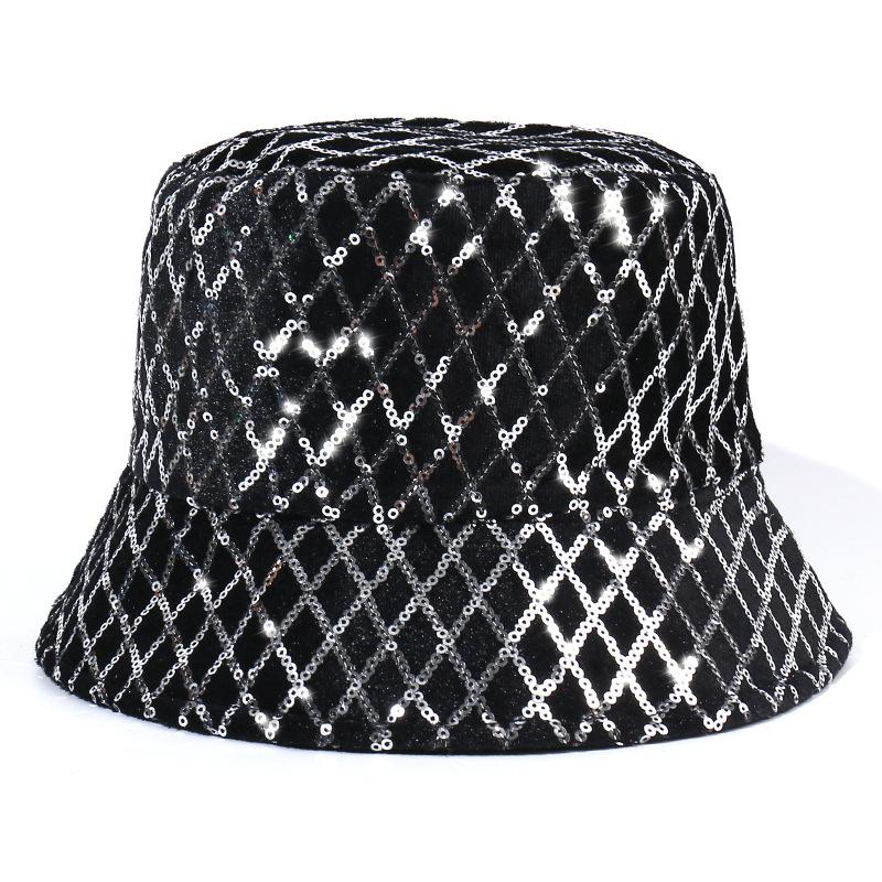 Spring and Autumn New Golden Velvet Bucket Hat Women, Fashionable Personality Sequined Grid Sunshade Washbasin Hat