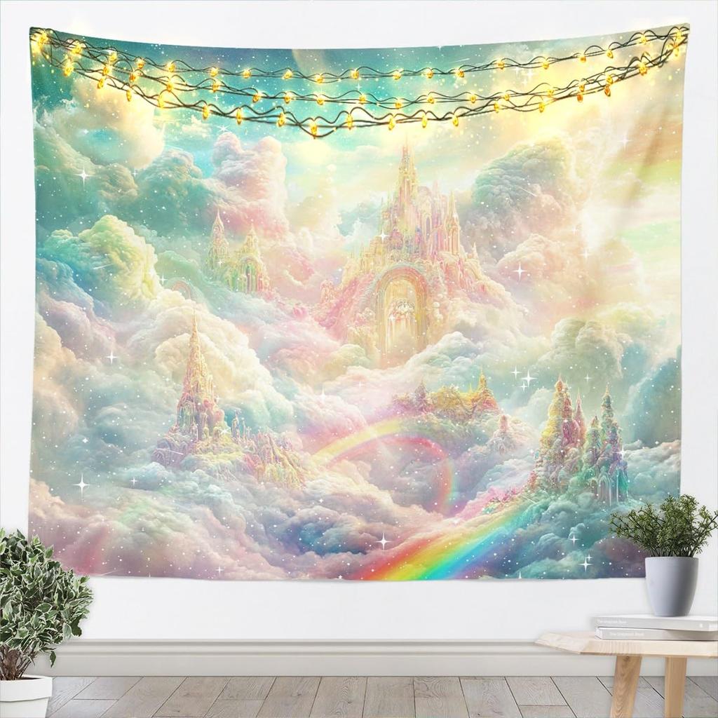 Dreamy Pastel Cloud Tapestry, Colorful Candy Sky with Glitter Stars Design, Bohemian Wall Art for Teen Room & Nursery