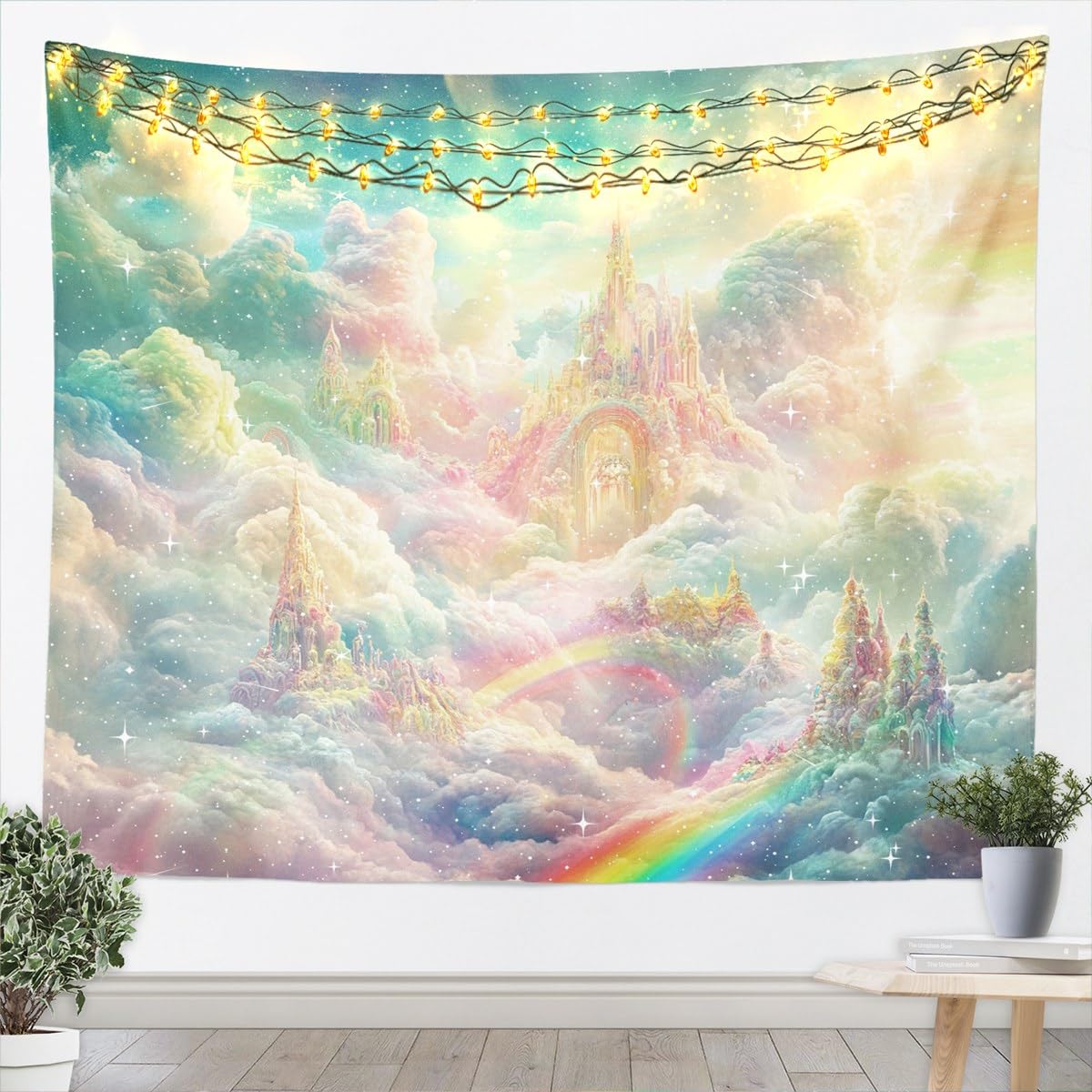 Rainbow Cloud Tapestry, Dreamy Pastel Sky With Fluffy Clouds, Glitter Stars And Magical Rainbow Landscape Print Wall Hanging 70x100CM