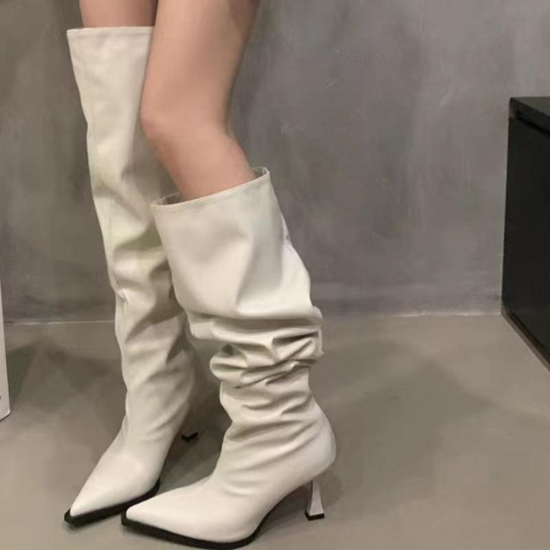 Fashion Fashion Pleated Stack Boots Autumn New Pointed Toe Splice Sleeve Non-Slip Wear-Resistant Stiletto Heel Tall Boots