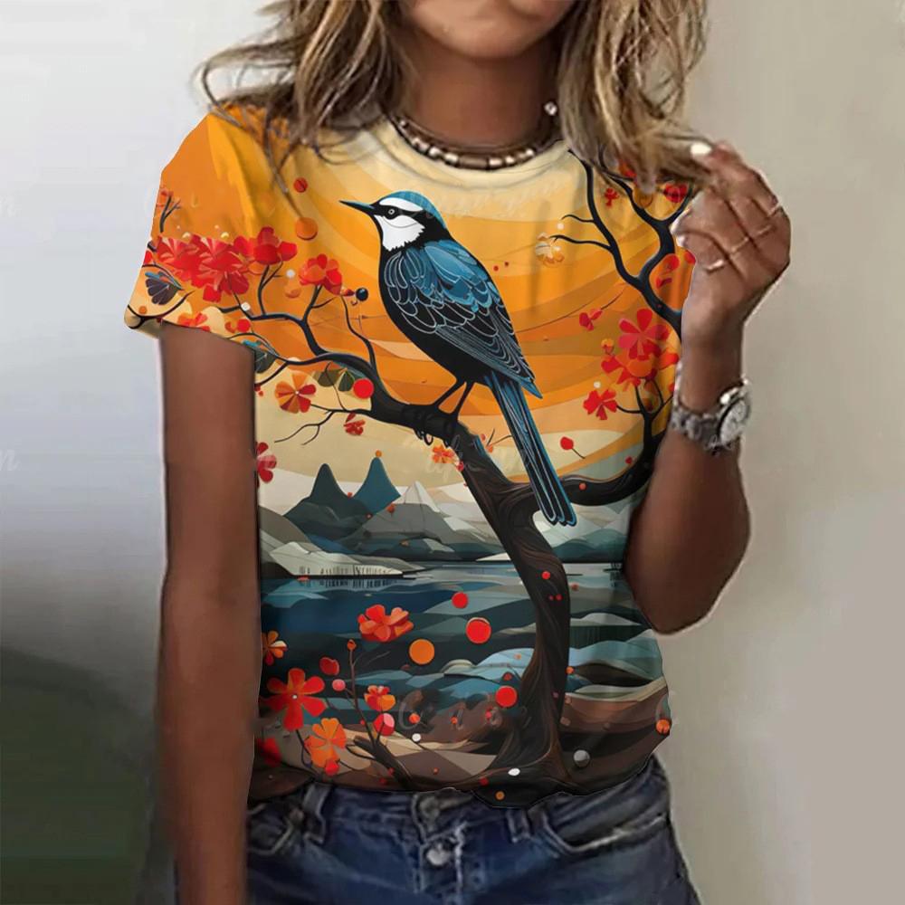 Color Animal Bird 3D Print Women Casual O-Neck Short Sleeve Harajuku Streetwear Y2k Tops
