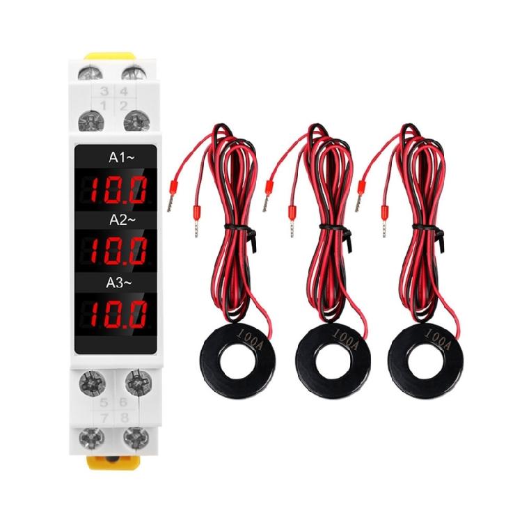 

3 Phase Din Rail Digital Display Ammeter LED Digital Display High Accuracy Ammeter, AC 80‑500V 1‑100A 1