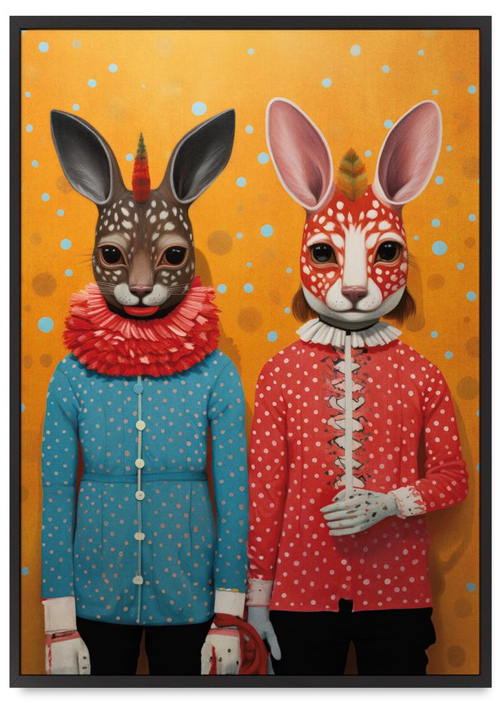 Plakátový portrét cirkusového dua v černém rámu