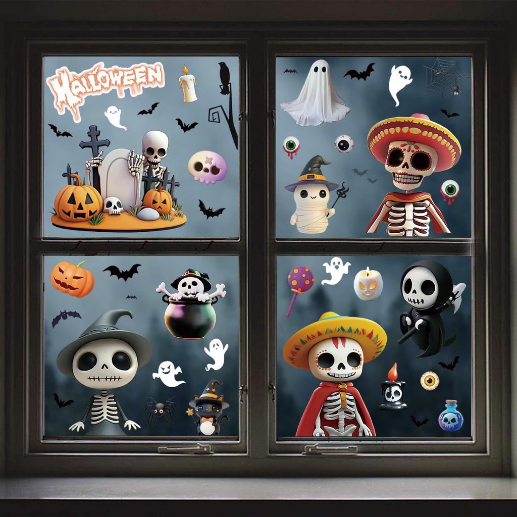 Halloweenská statická okenní dekorace 3D Kostlivec Netopýr Dýně Samolepky na okna Party potřeby