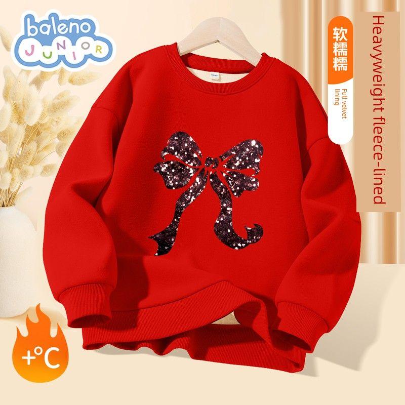 Baleno Kids Girls  Fleece Sweatshirt Autumn/Winter 2026 New Children s Crew Neck Top Big Kids New Year Outfit Red#Tb Glitter Bow 120 cm