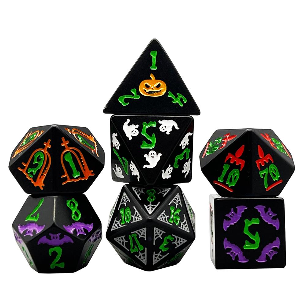 Halloween Dobbelstenen 7 stuks Polyhedrische Dobbelstenenset D&D met Geest, Pompoenpatroon voor DND Rollenspel Bordspel