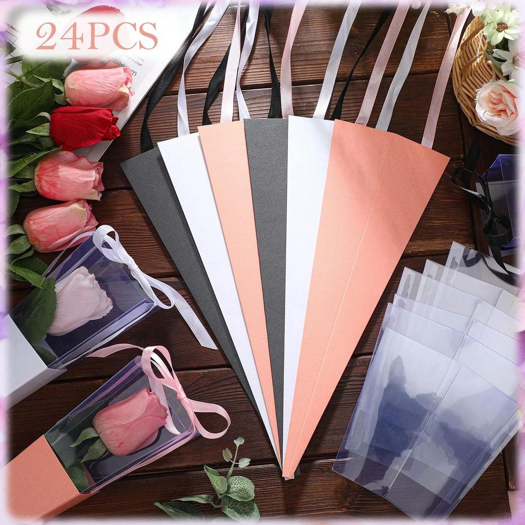 24 Pcs Flower Bags Single Rose Sleeves Flower Bouquet Single Rose Bag Floral Wrapping Paper Floral Gifts for Wedding Birthday