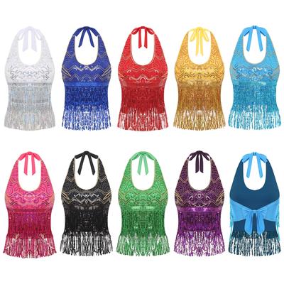 Top da Allenamento Essenziale per Danzatrici del Ventre: Top Corto a Scollo all'Americana Supportivo con Paillettes, Allacciatura sul Retro e Dettagli con Frange