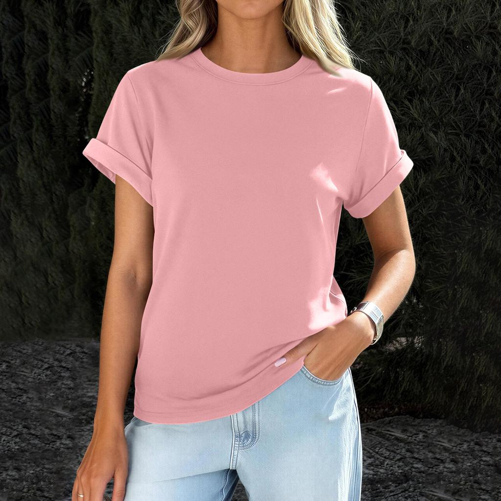 Womens  Casual Rolled Short Sleeve Basic Tees Fashion Tops