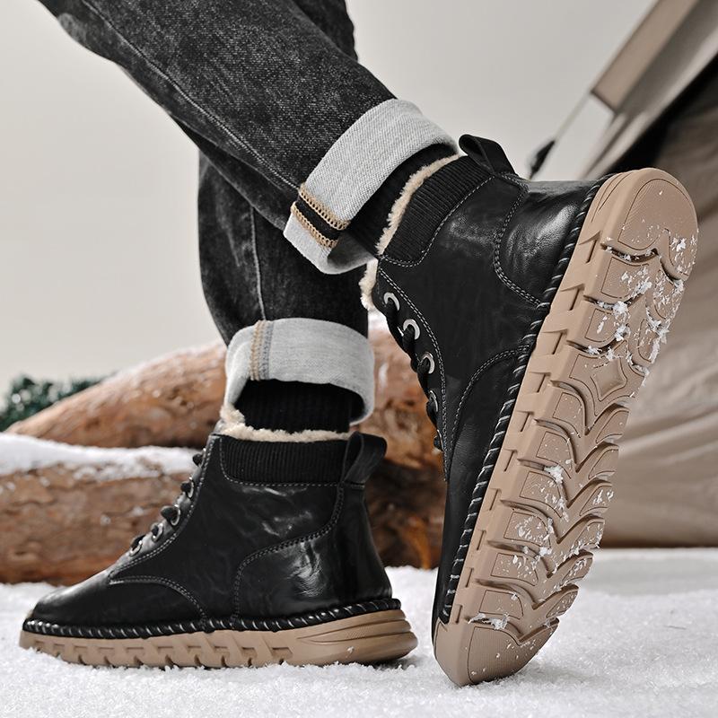 

Boots men s 2025 autumn and winter new velvet warm Zhongbang cotton boots soft sole lace-up non-slip large size casual men s shoes 46 38 чёрный