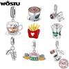 WOSTU 100% Real 925 Silver Coffee Cup Charms Red Heart Cups Beads For Women Fit Original Bracelet DIY Necklace CQC2458
