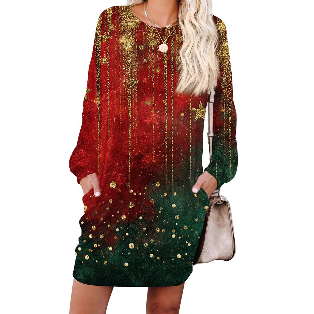 Women's Snowflake Print Fashionable Long-sleeved Round-neck Pocket Dress