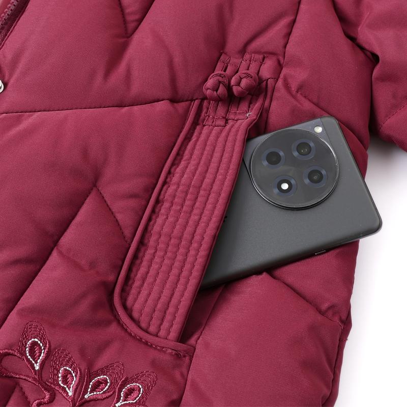 Plus Size Middle Age Women Winter Coats Hooded Elegant Thick Warm Embroidery Parkas Female Jackets