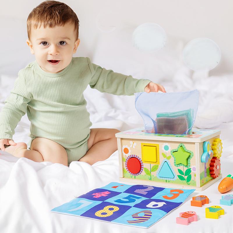 Baby Tissue Box Toy Montessori Toys for Infant 6-12 Months Shape Sorter Toys Gifts Motor Skills Toys for Toddlers Wood Toddler