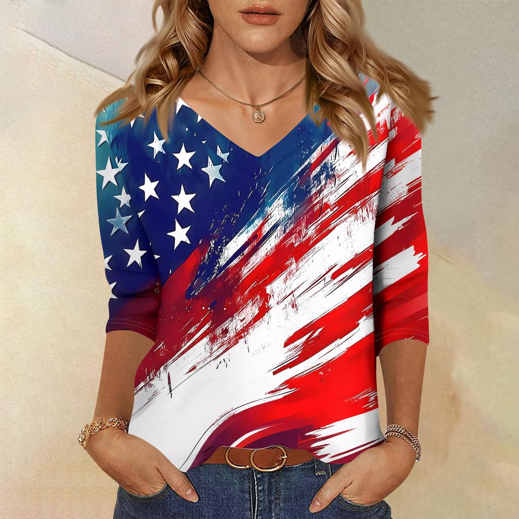 Womens V Neck 34 Sleeve Loose Fit Casual Blouse Flag Print Top Seven Quarter Sleeve Shirt for Daily Wear