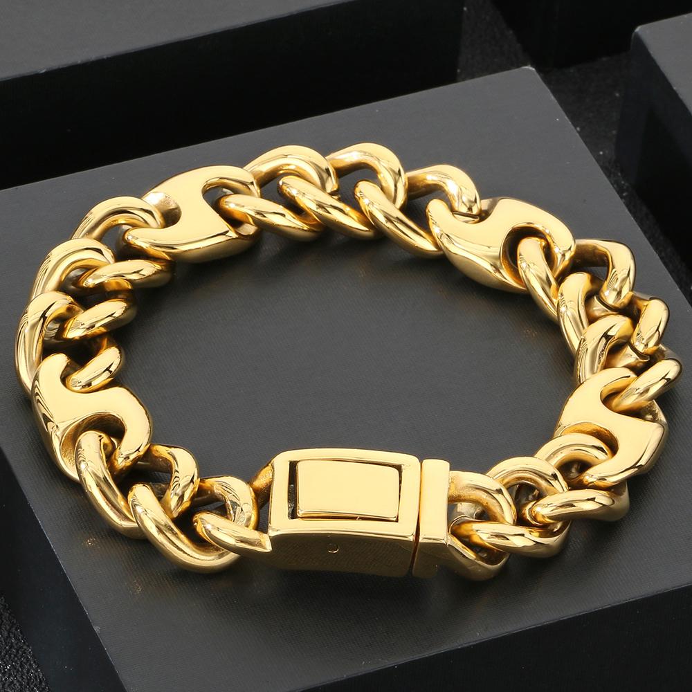 Bracelet Cool pour Homme 15MM de Large Acier Inoxydable Chaîne Cubaine Bracelets pour Homme Luxe Couleur Or Bijoux Cadeaux pour Lui Papa