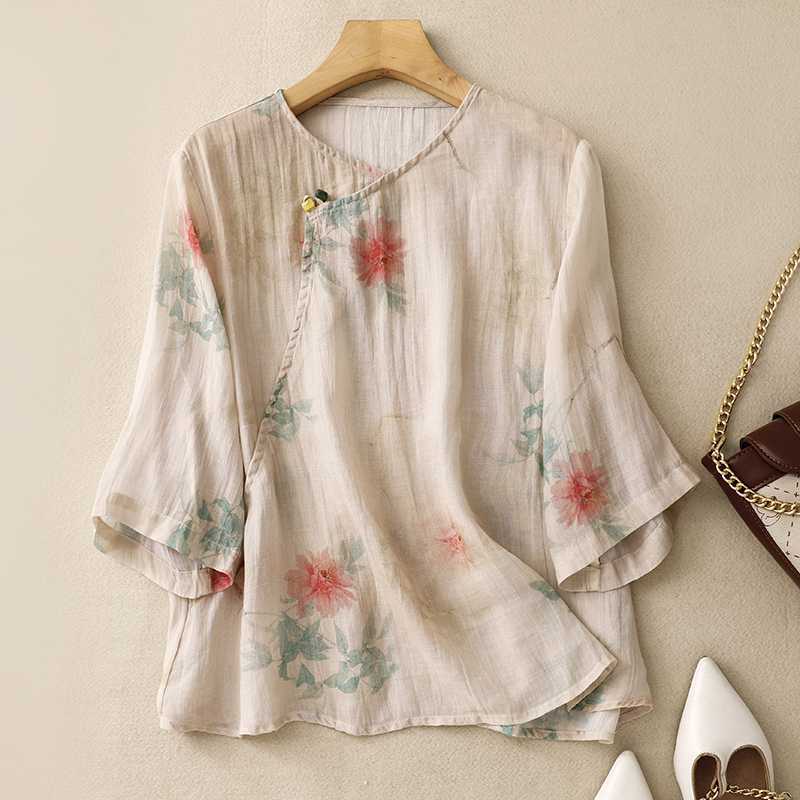 Retro National Style Oblique Placket Cotton and Linen Shirt Women's Literary Printing Thin Shirt Temperament Top