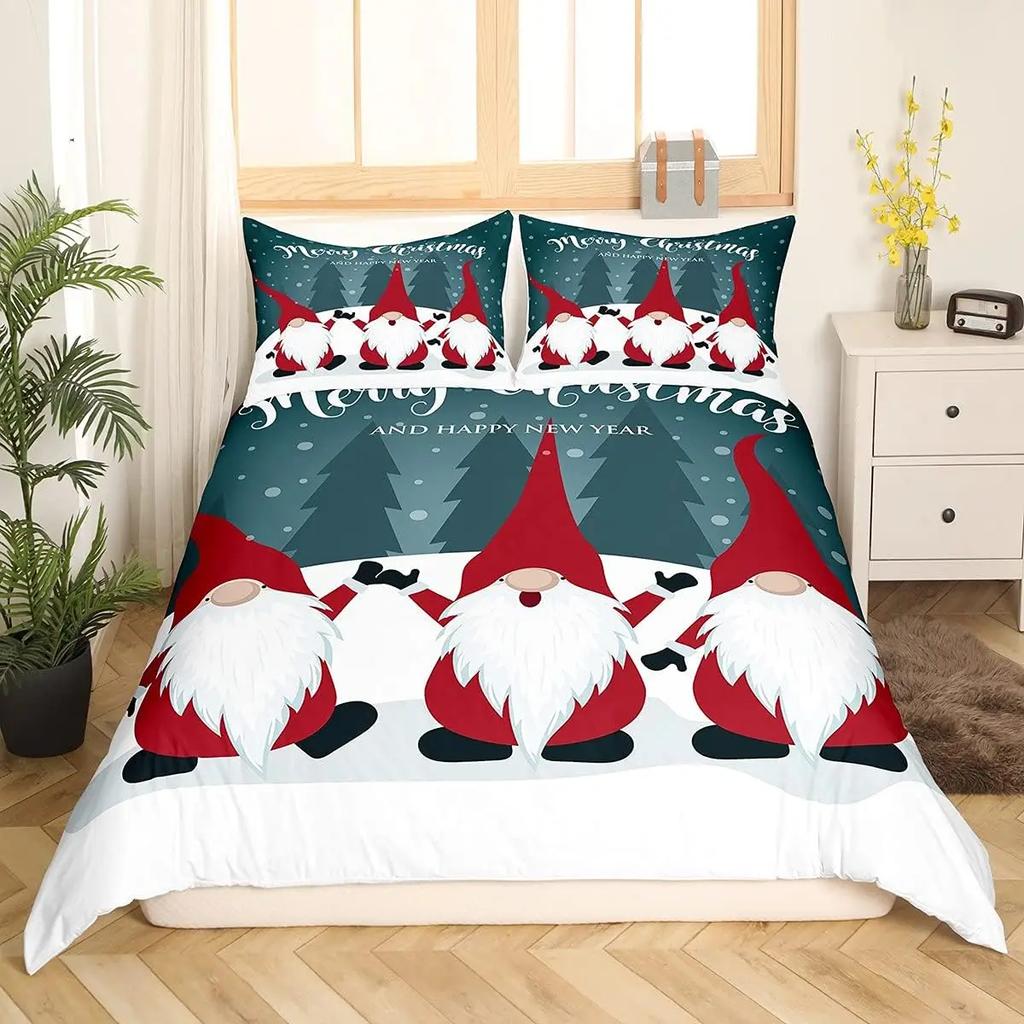 Merry Christmas Bedding Sets Christmas Santa Gnomes Comforter Cover Snowing Santa Claus Bedding Sets For Kids Boys Girls Decor
