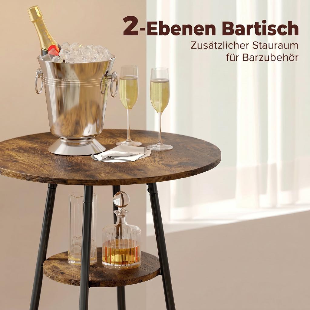 Industrielles Bartisch-Set mit 2 gepolsterten Hockern, Fußstützen, Metallrahmen, Küchentisch mit Regal, Rustikales Braun