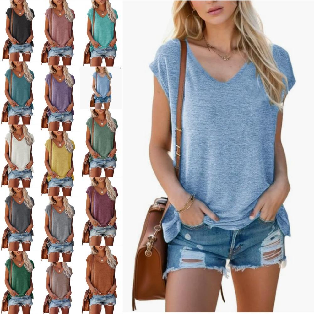 Women's Solid Color V-Neck T-Shirts, Lightweight Soft Cotton Tees for Spring & Summer, Casual Daily Basic Tops