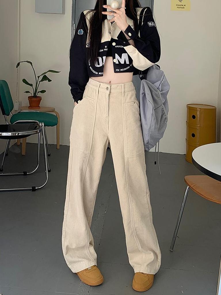 Pantaloni din Velur și Catifea côtelată Maro Retro Toamnă/Iarnă cu Crăpătură pe Picior Lărgit pentru Femei Înalte Talie Înaltă Colanți Lungi