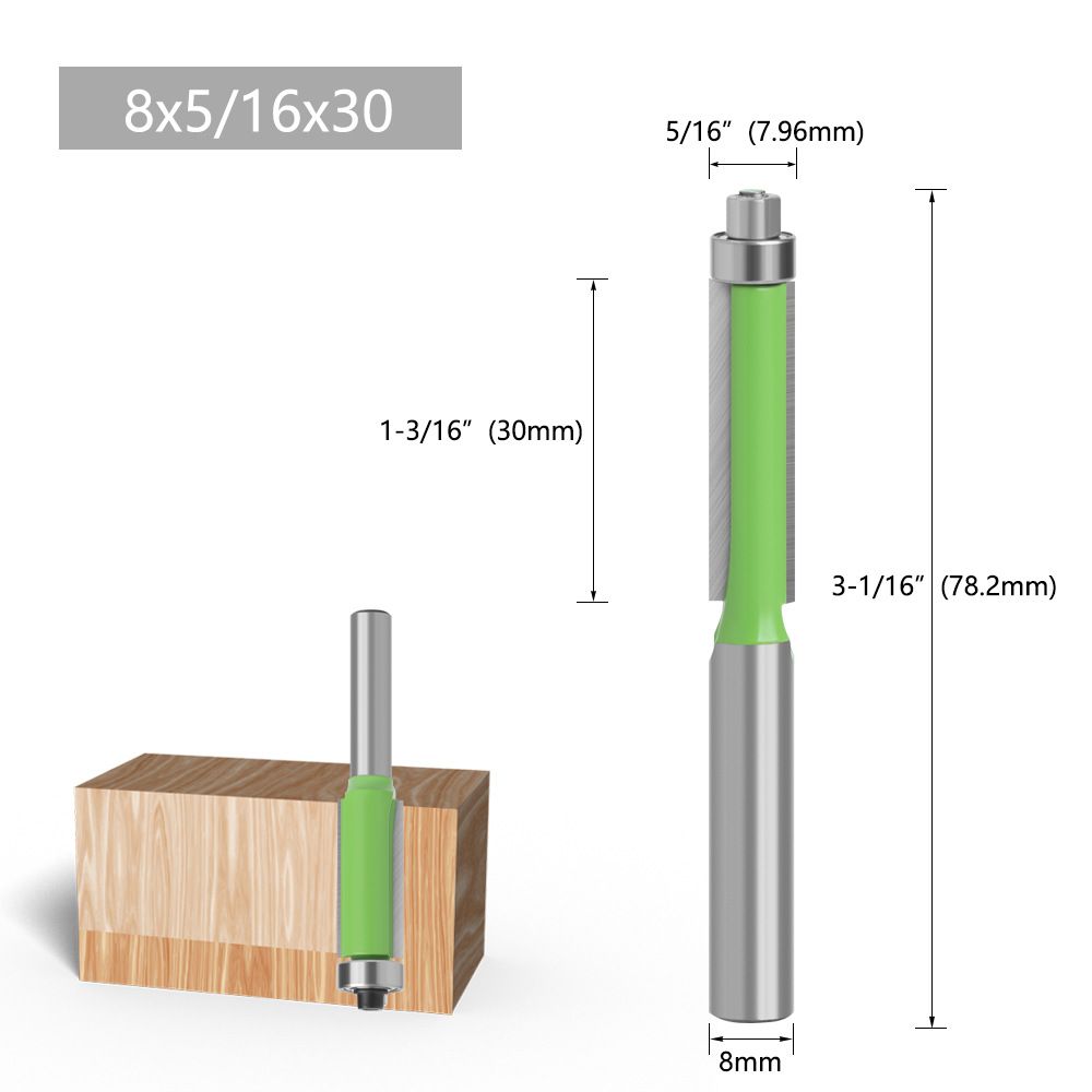 8mm Shank Bearing-Guided Trimming Router Bit - Double Flute Carbide Tipped Woodworking Edge Cutter for Flush Trim & Slotting