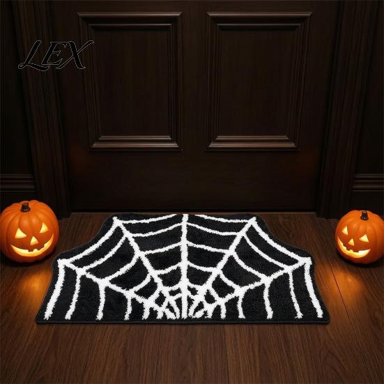 Halloween Floor Rug Spider Web Bath Mat, Gothic Bathroom Rug, Non-slip Indoor Outdoor Porch Black Bat for Home Entrance Bedroom Decor