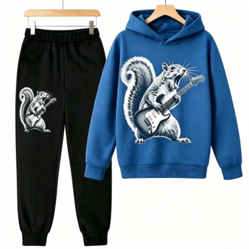 Fashion Rock Squirrel Guitar Player Animal Squirrel Print Kids Pullovers Pants 2-piece Set Street Casual Fashion Hoodies Vintage Boy's Girl Clothes