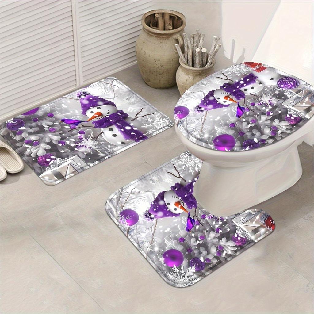 4Pcs Bathroom Shower Curtain Set Purple Snowman Bathroom Curtain With 12 Hooks Non Slip Rugs Toilet Cover Mat Bathroom Partition