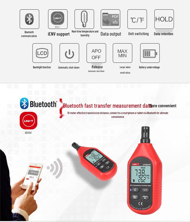 Uni-T UT333BT/S Bluetooth Thermohygrometer: Indoor/Outdoor Thermometer for Household, Industrial, and Agricultural Use.