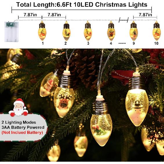 WENMER 2Pcs Christmas Snow Globe String Lights, 13.2FT Vintage Christmas Lights Indoor, 20 LED Globe Bulbs String Light with Snow & Cute Ornaments,