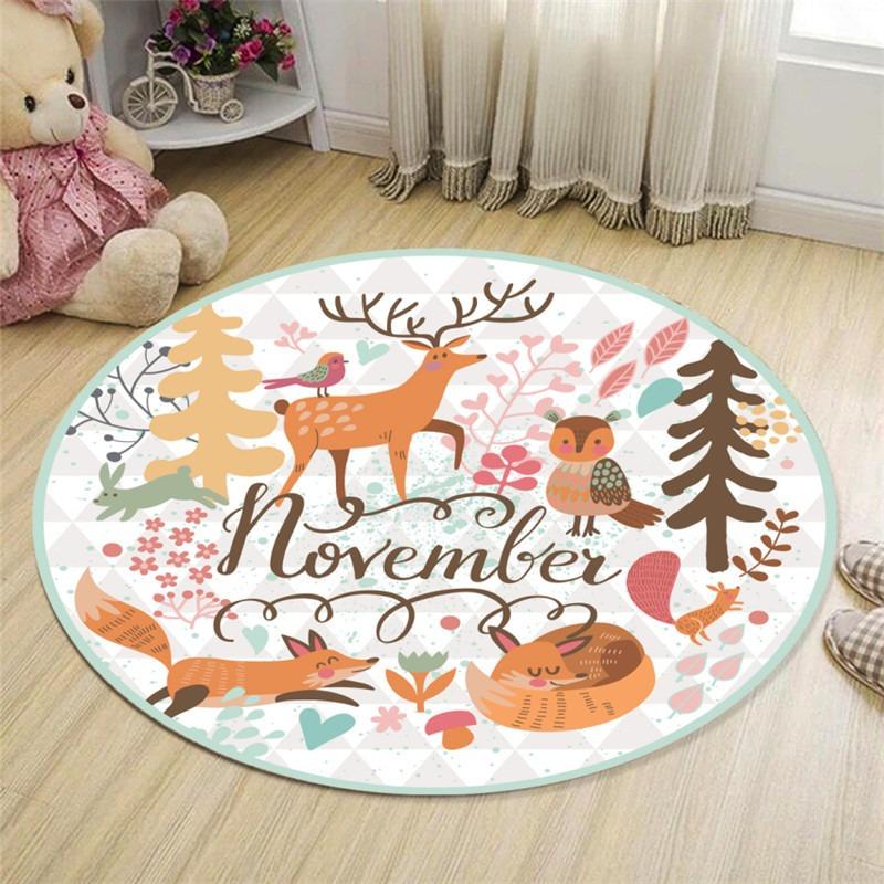 Nordic Kids Room Carpet Round Fox Rabbit Bear Play Mats for Crawling Picnic Anti-Slip Outdoor Floor Decoration Gift for Boys