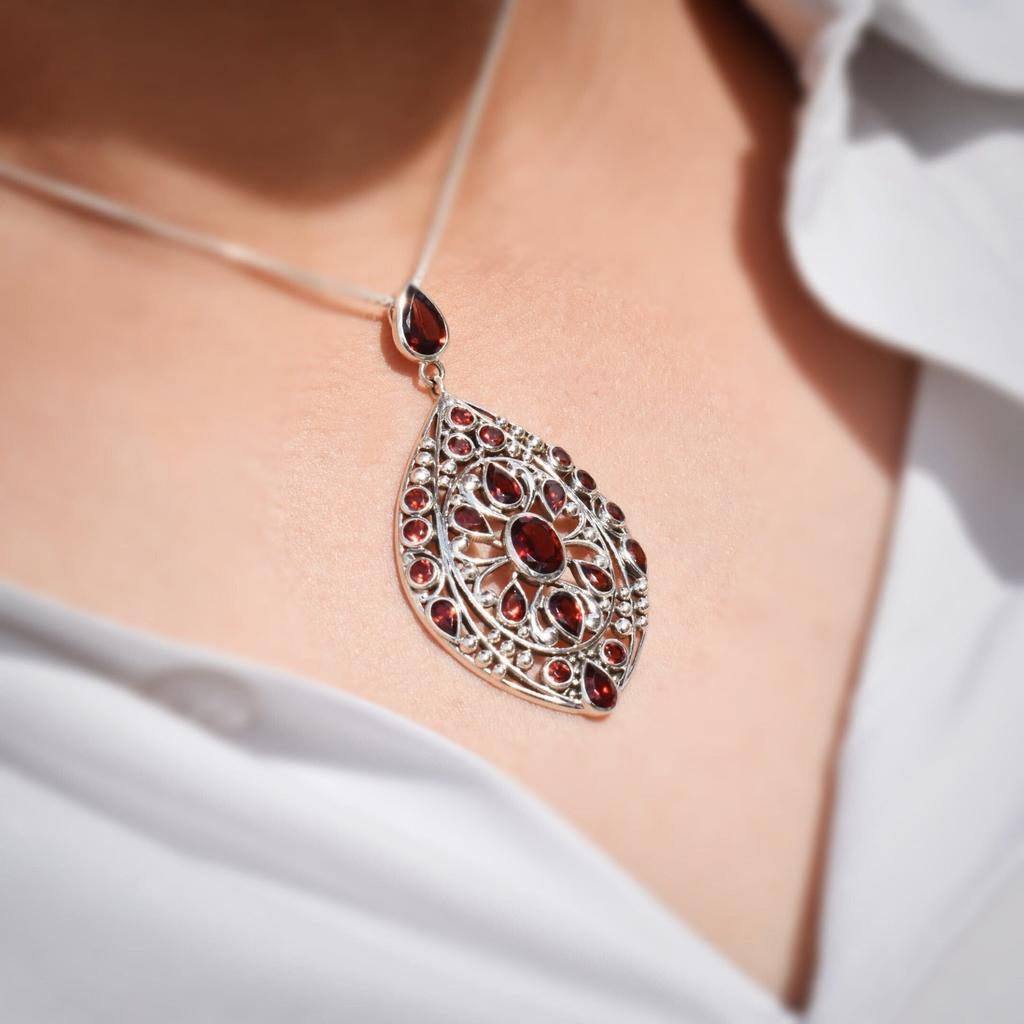 Antique Garnet Pendant: Large Sterling Silver Multi-Stone Design