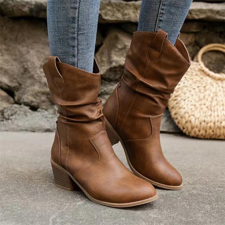 Fashion Women Boots Autumn Winter New Pu Leather Pointed Mid-Calf Boot Slip On Thick Heeled Western Cowboy Boots for Women Pus Size 42