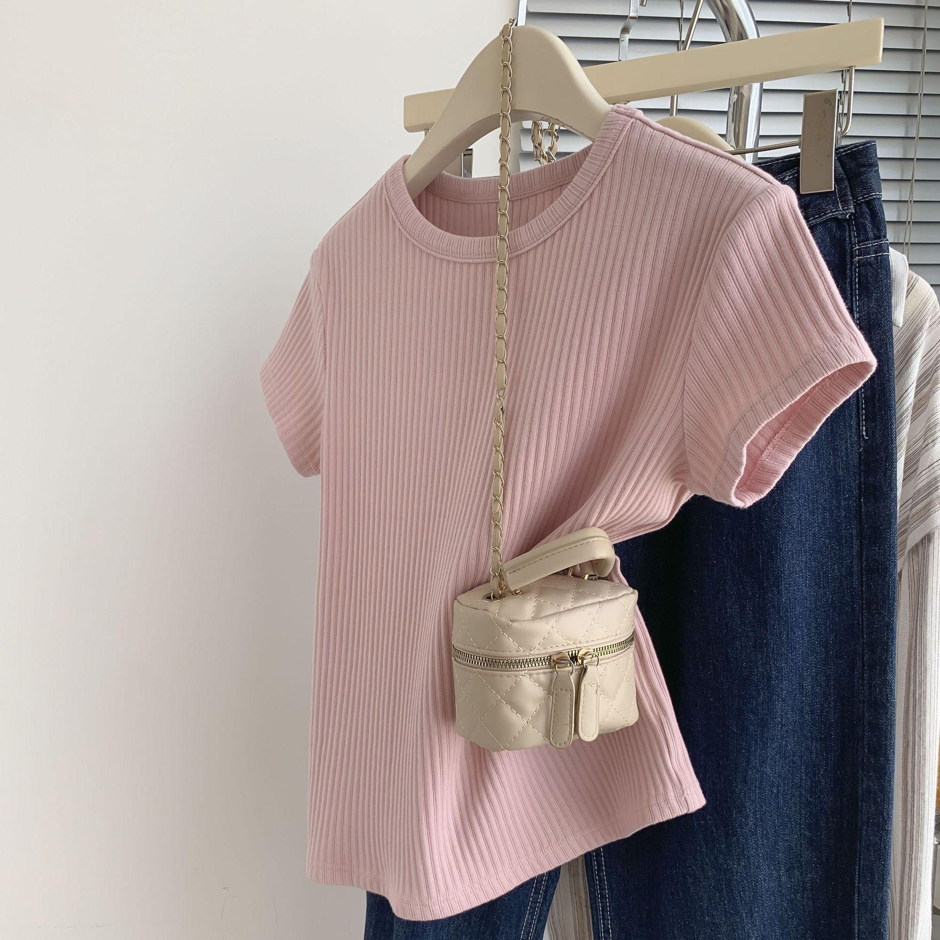 

2025 Новая розовая трикотажная футболка с открытыми плечами - Женский летний топ с коротким рукавом для миниатюрных XL (57.5-65 kg)