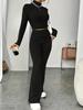2025 Women's Solid Color Ribbed Knit Set: Long Sleeve Top and Base Shirt