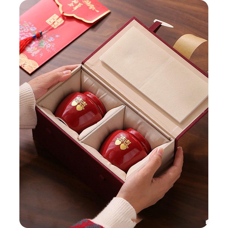 Ceramic Red Double Happiness Sealed Tea Candy Dish, Food Storage Jar, Chinese Traditional Red, Wedding Party Supplies, Gifts