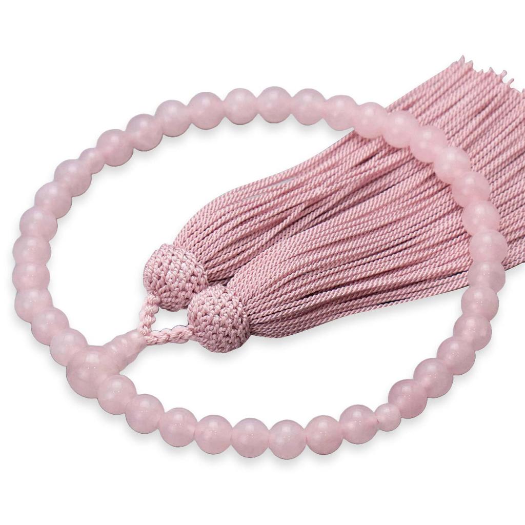 Women's Kyoto Buddhist Prayer Beads, Rose Quartz, with Silk Tassel, Ash Cherry Blossom Design. Suitable for All Sects. Perfect for Informal Funerals,